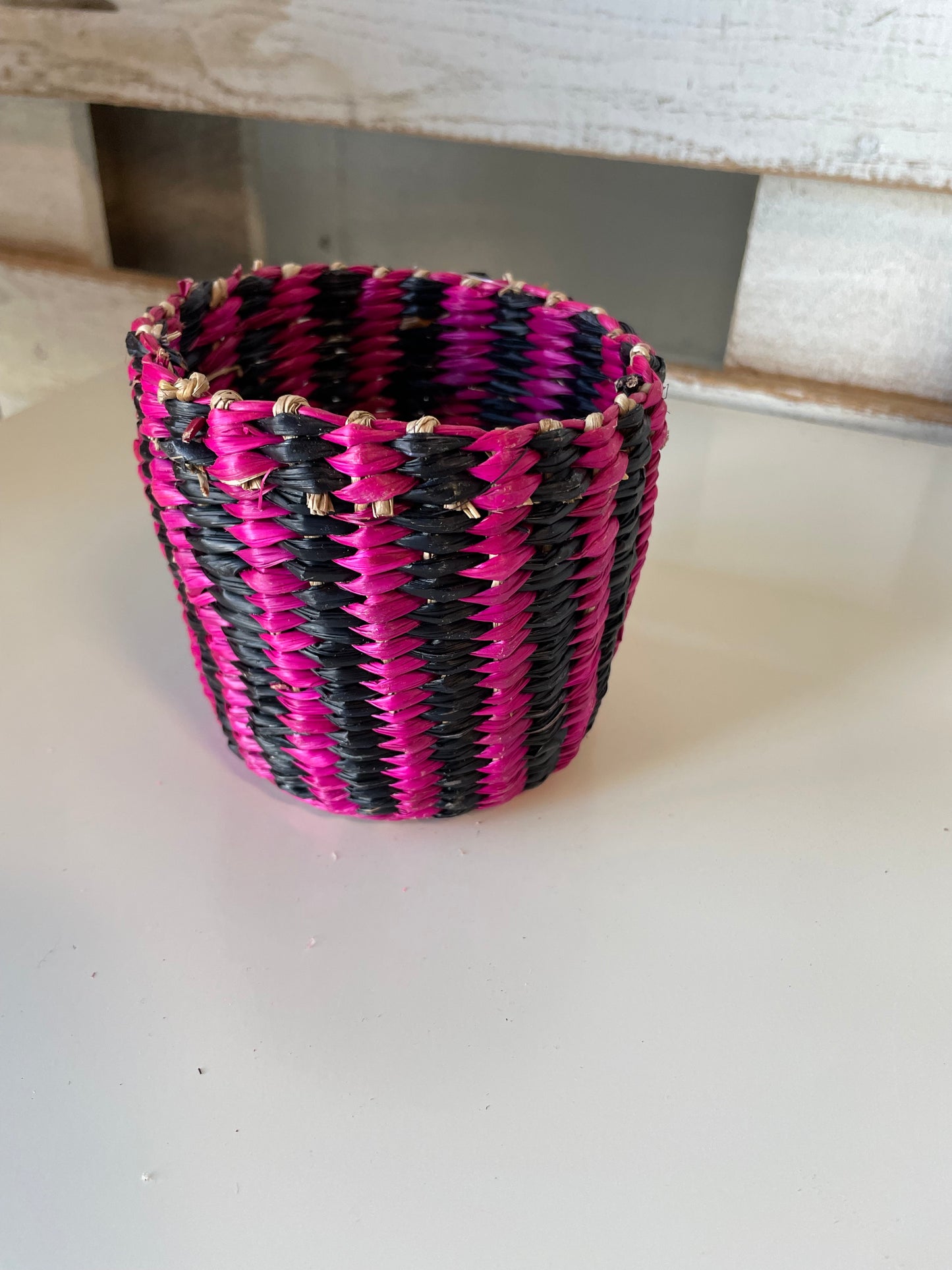 Handwoven Multicolor Bright Pink & Black Grass Basket (3 sizes)