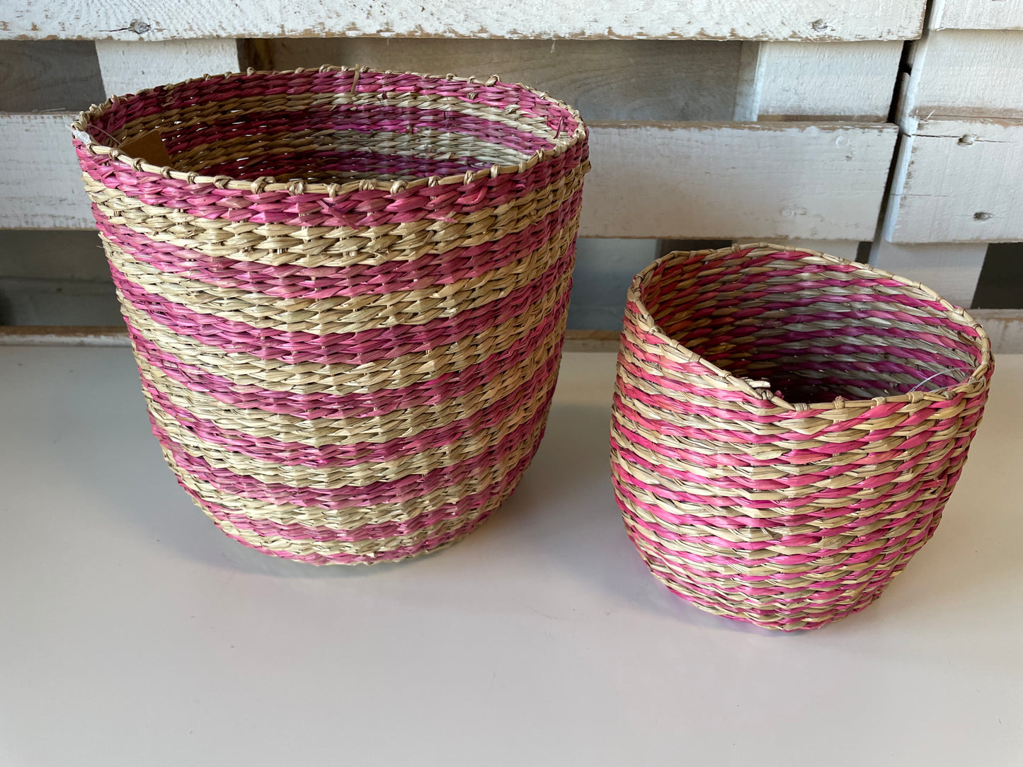Handwoven Pink & Natural Grass Basket (2 sizes)