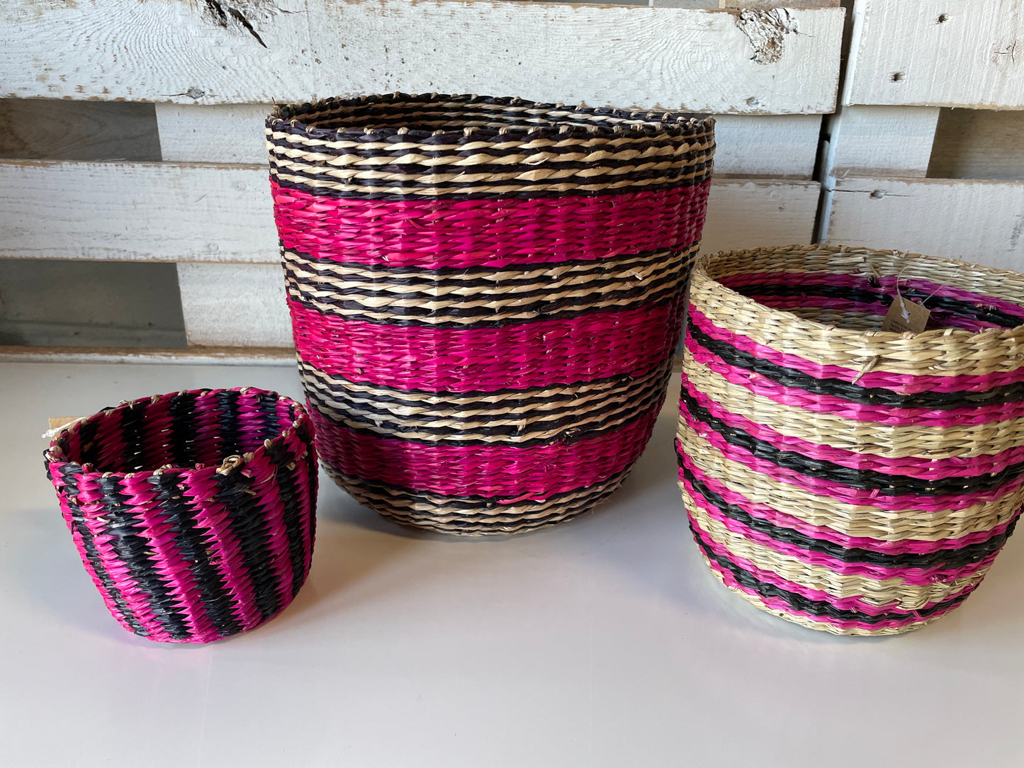 Handwoven Multicolor Bright Pink & Black Grass Basket (3 sizes)