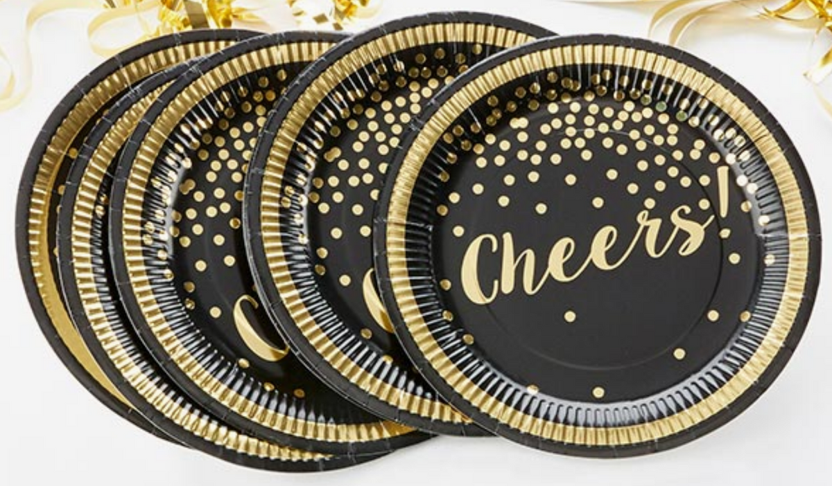 Cheers Black and Gold Foil Plates