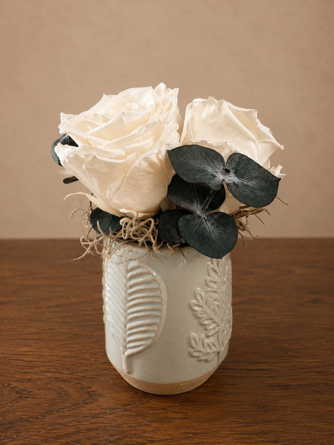Preserved Rose Arrangement in Soft Sage Botanical Ceramic Vase (multiple sizes)