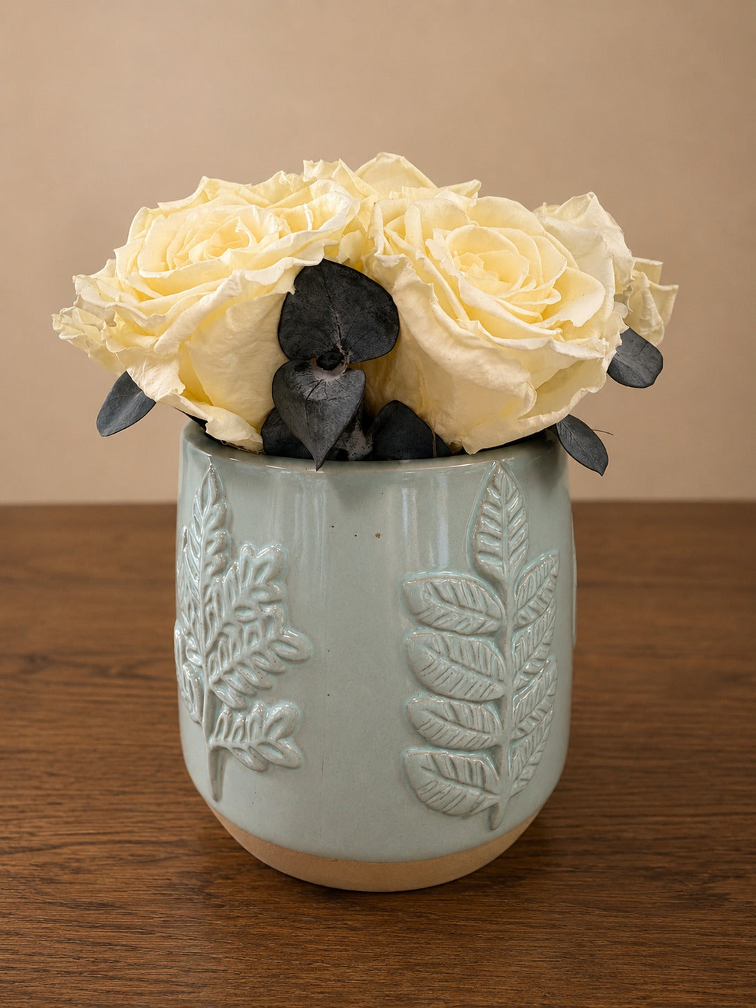 Preserved Rose Arrangement in Soft Sage Botanical Ceramic Vase (multiple sizes)