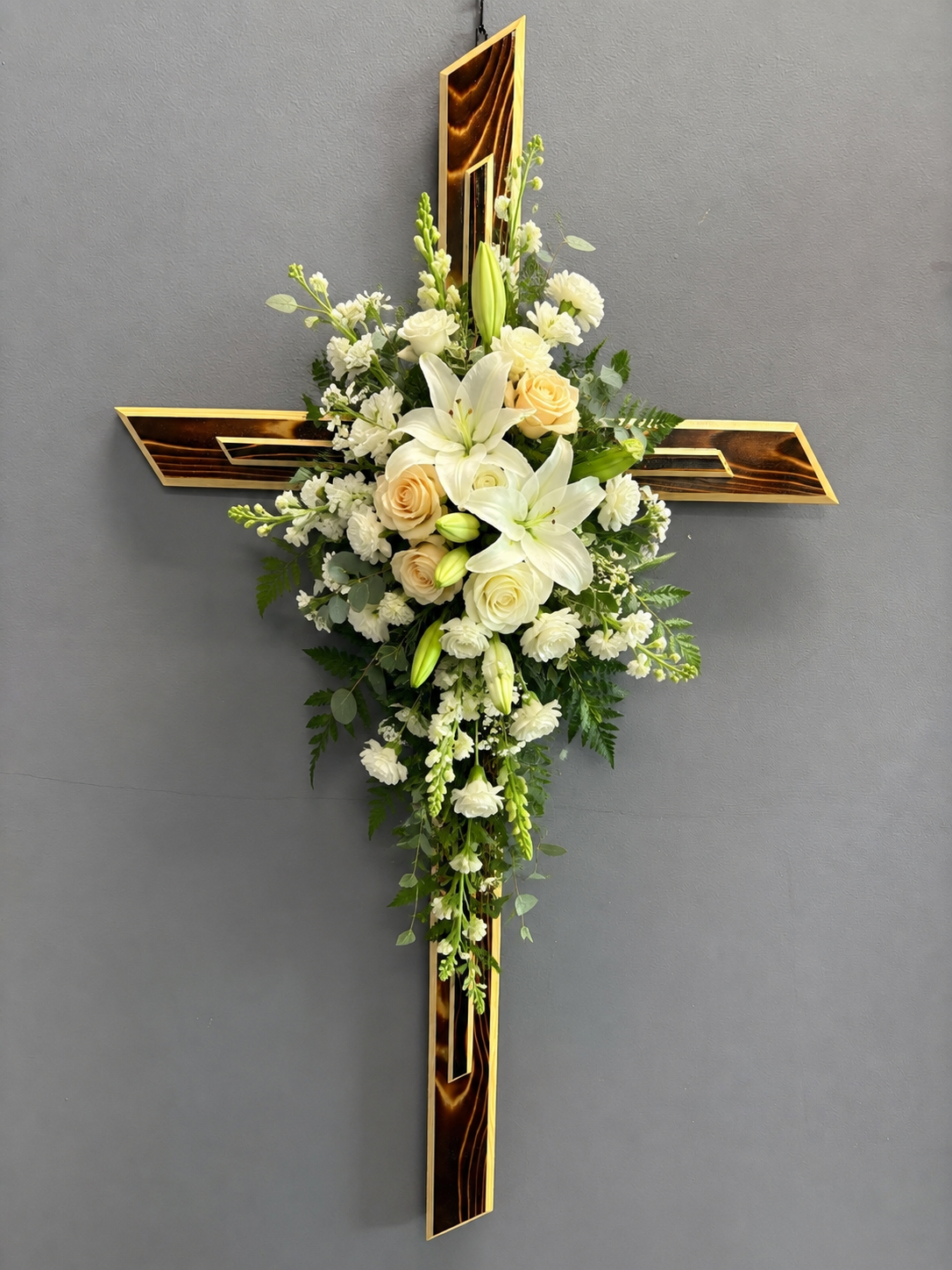 Burnished Wood Cross with Floral Arrangement