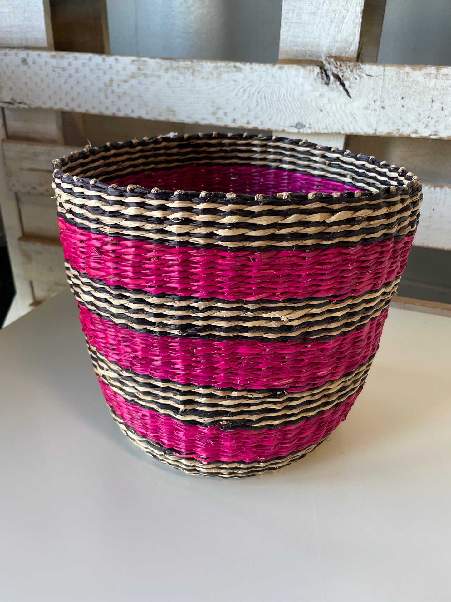 Handwoven Multicolor Bright Pink & Black Grass Basket (3 sizes)