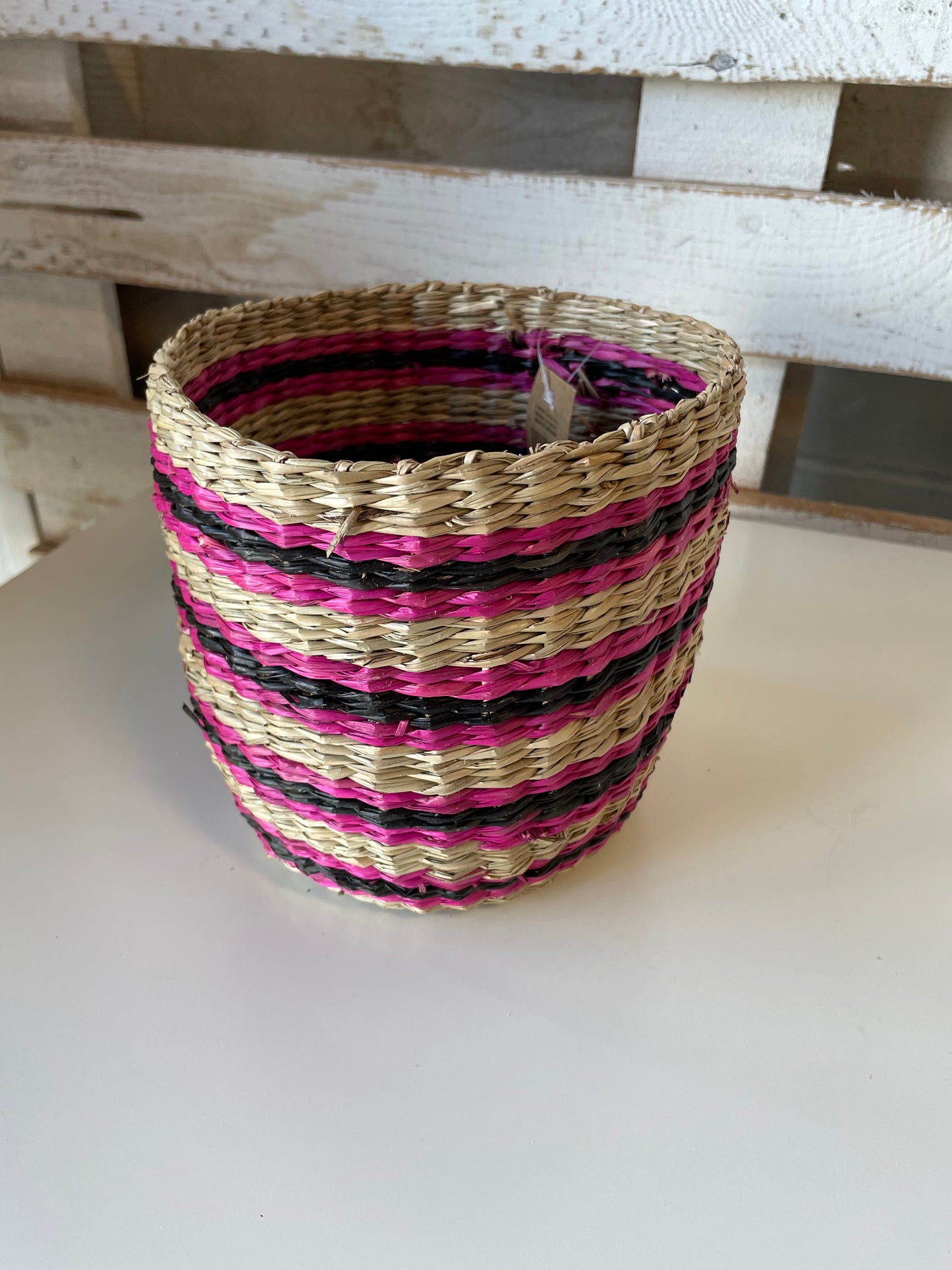 Handwoven Multicolor Bright Pink & Black Grass Basket (3 sizes)
