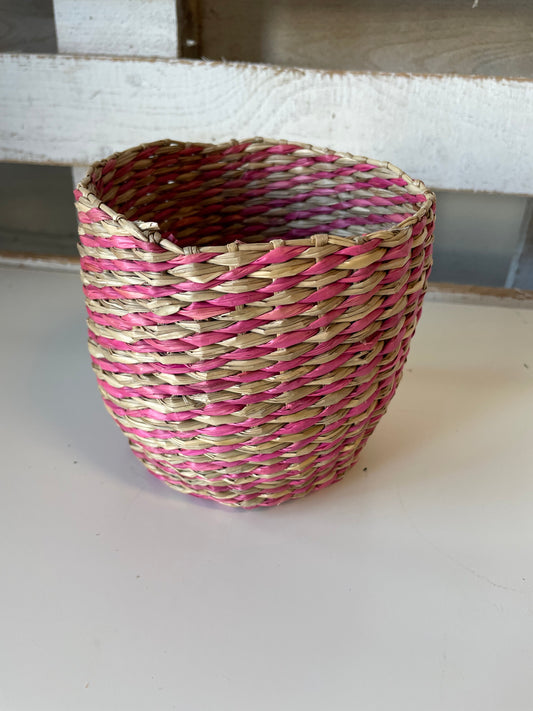 Handwoven Pink & Natural Grass Basket