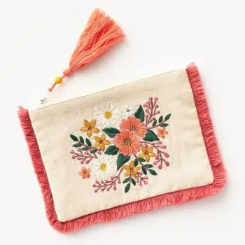 Zipper Pouch, Embroidered Flowers